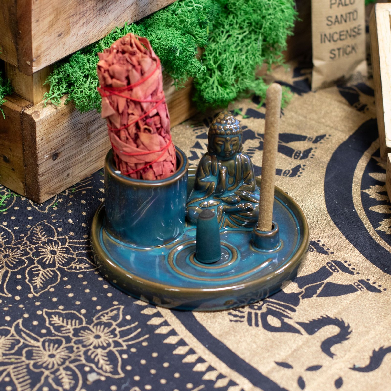 Multi Purpose Buddha Incense Plate - Ceramic Blue - Image 3